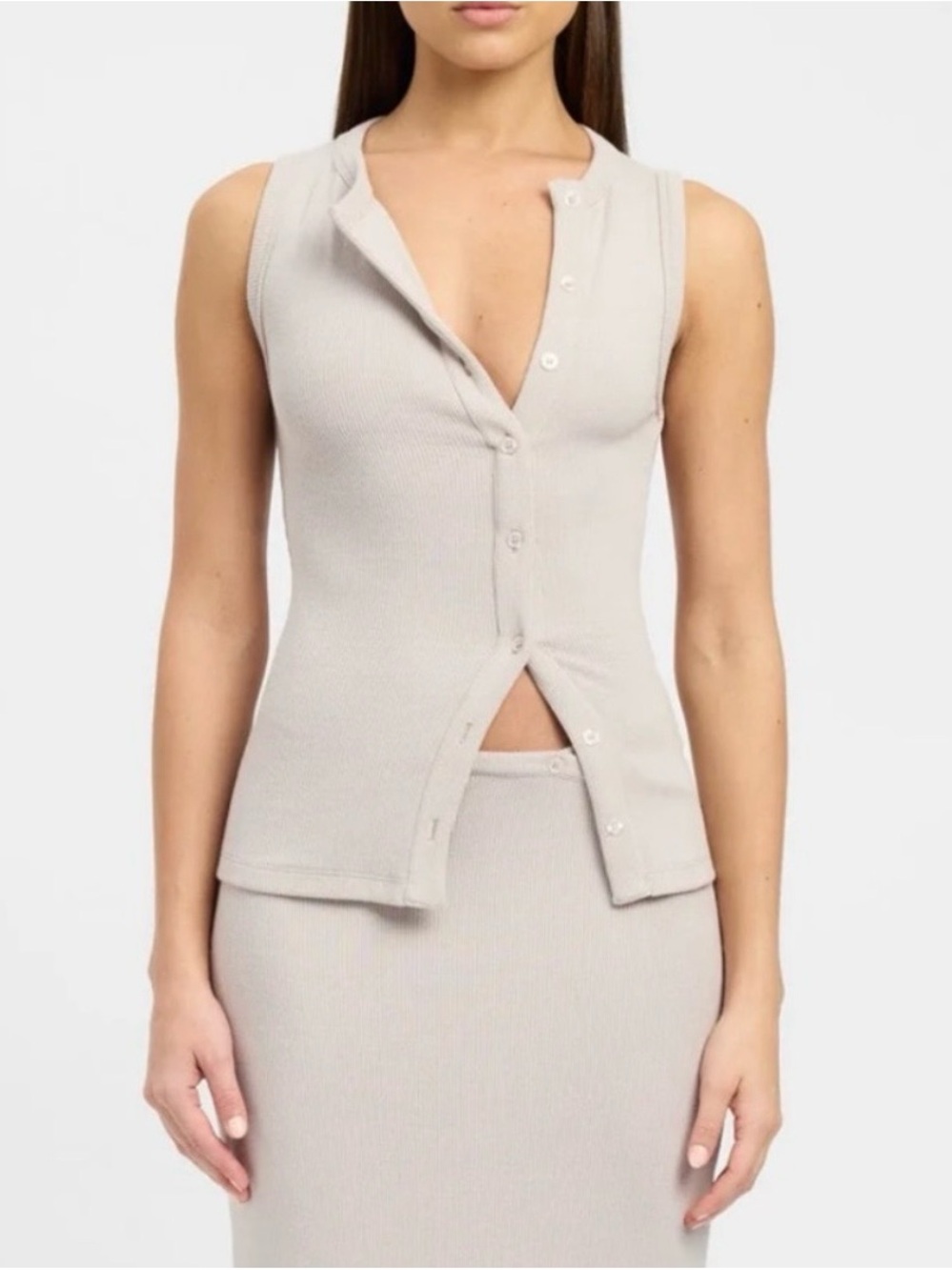 Kookai Ribbed Button-Front Tank in Blush
